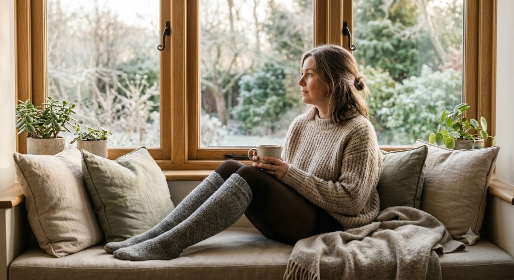 Woman in a window seat with a mug, wearing grey over-the-knee socks and fleece-lined leggings, frost in the garden behind her