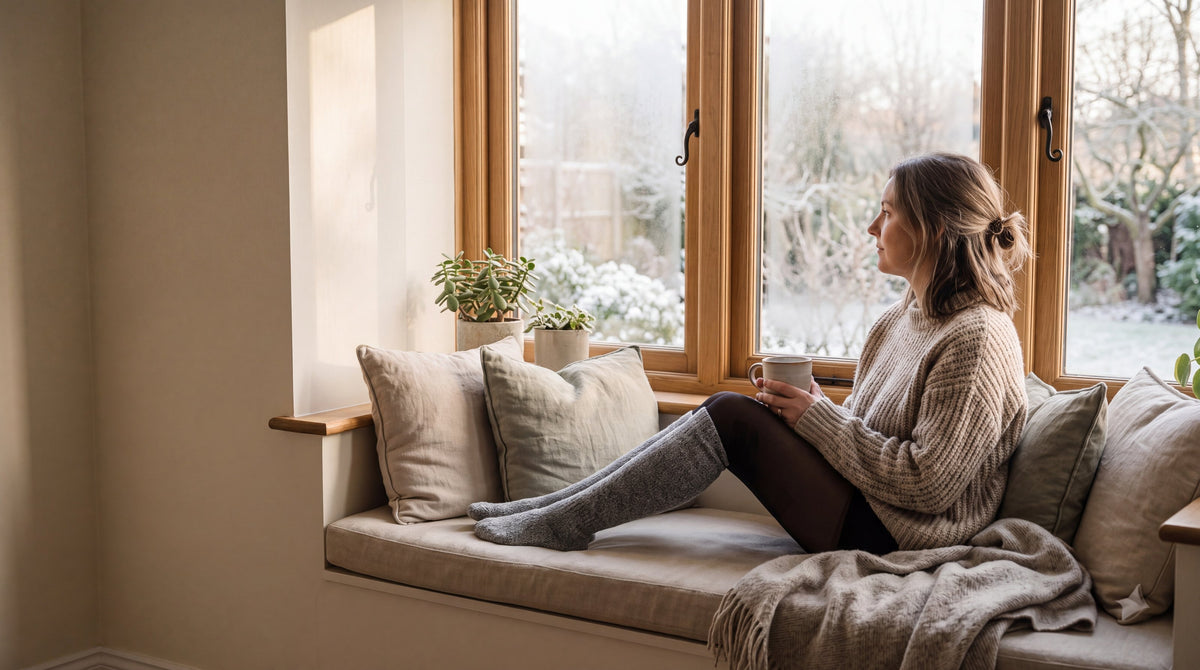 Woman on a window seat in Wintermae socks and leggings, frost outside