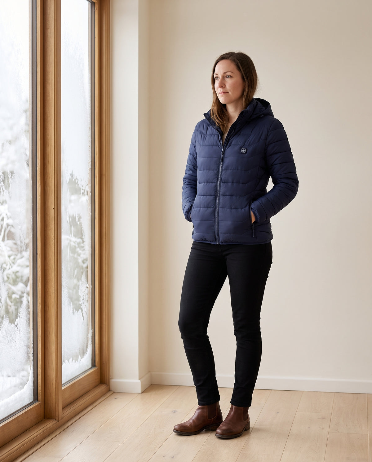 Blue | Heated Jacket worn by the window
