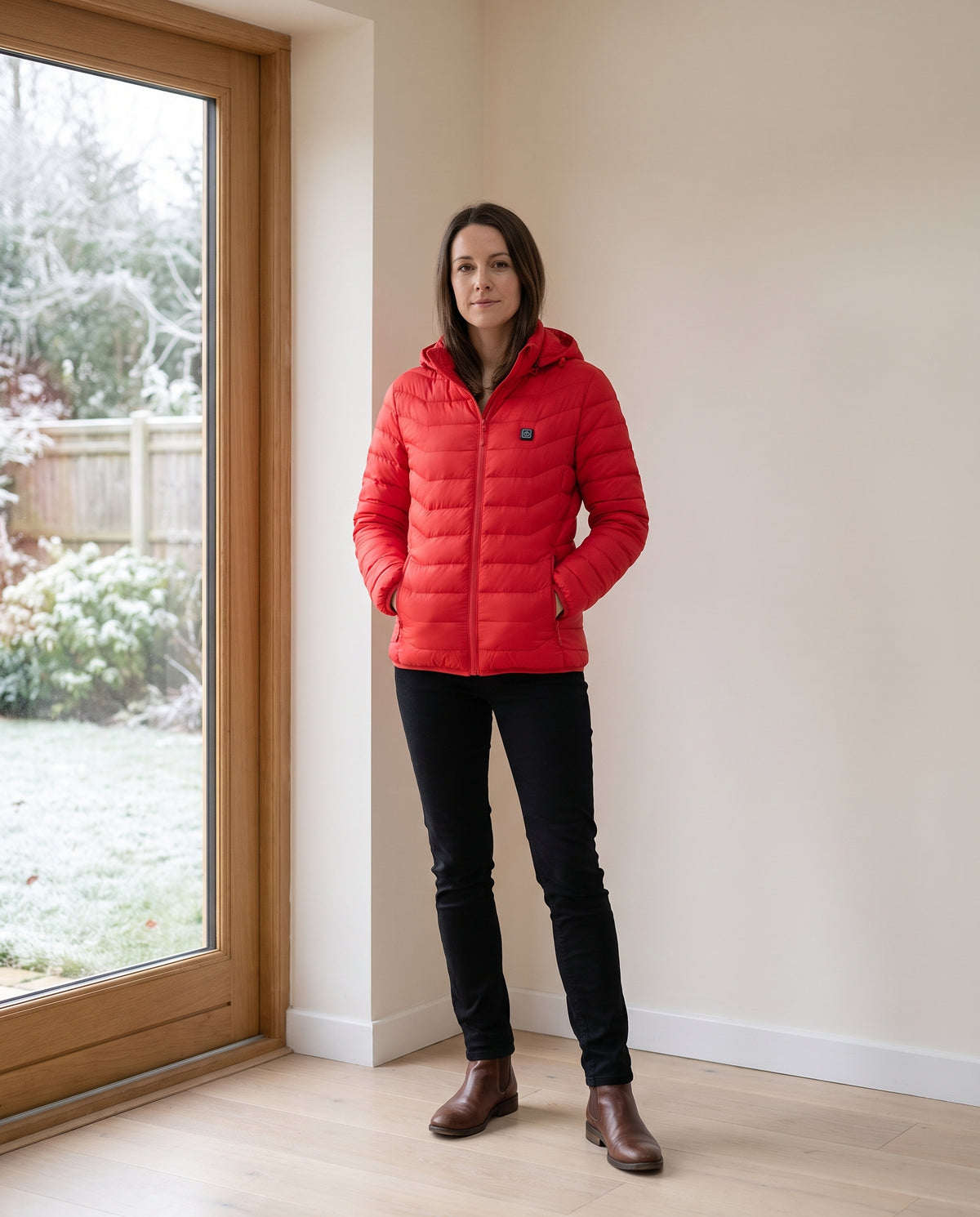 Red | Heated Jacket worn by the window